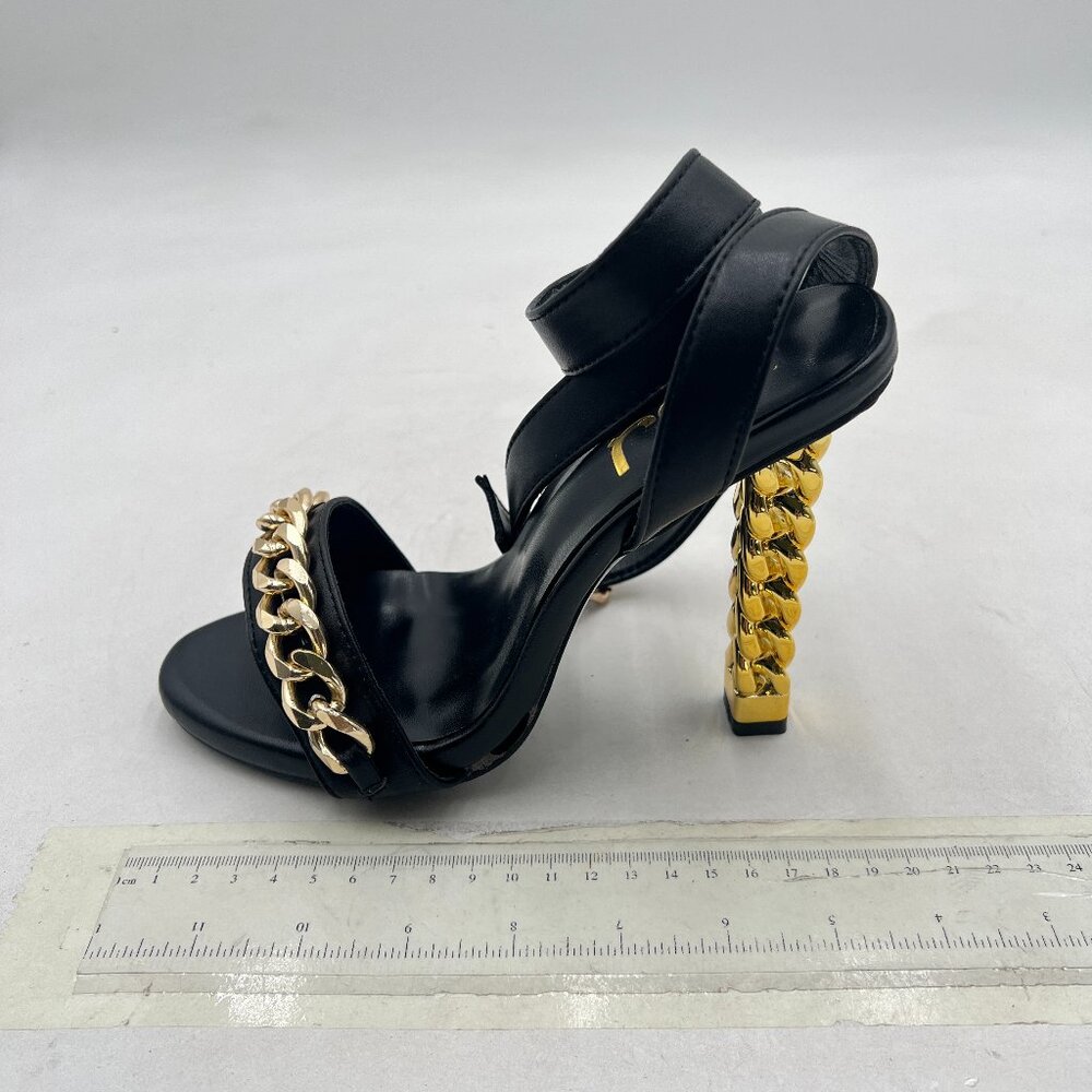 FSJ Black Chain Gold Metal Chain Chunky High Heels Ankle Strap Open Toe Sandals - Picture 2 of 8